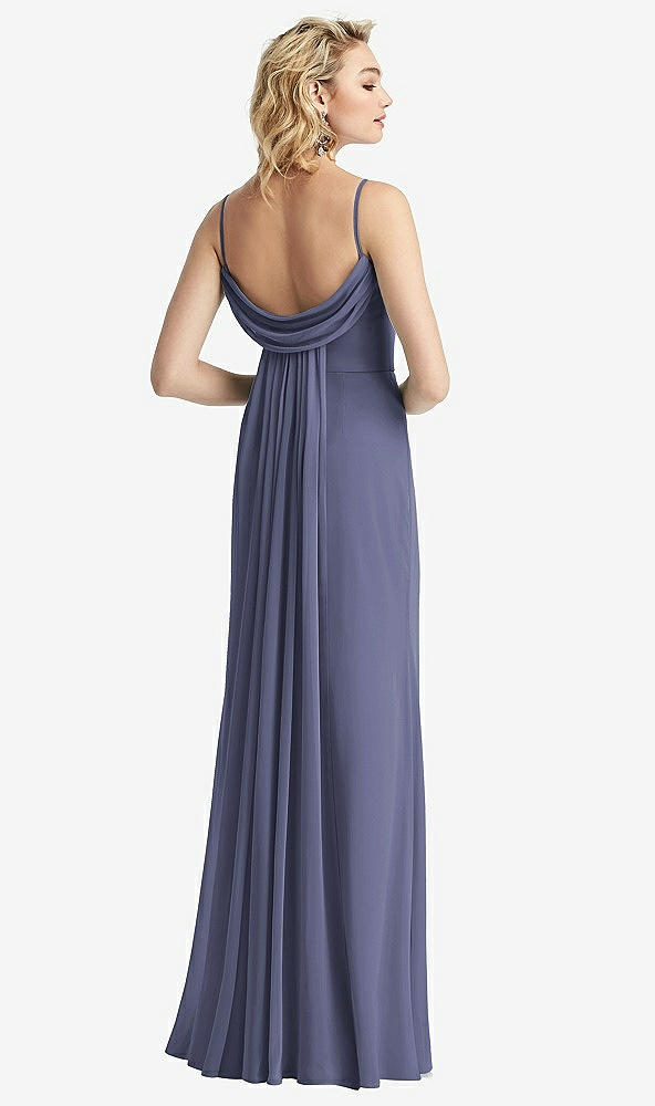 Front View - French Blue Shirred Sash Cowl-Back Chiffon Trumpet Gown