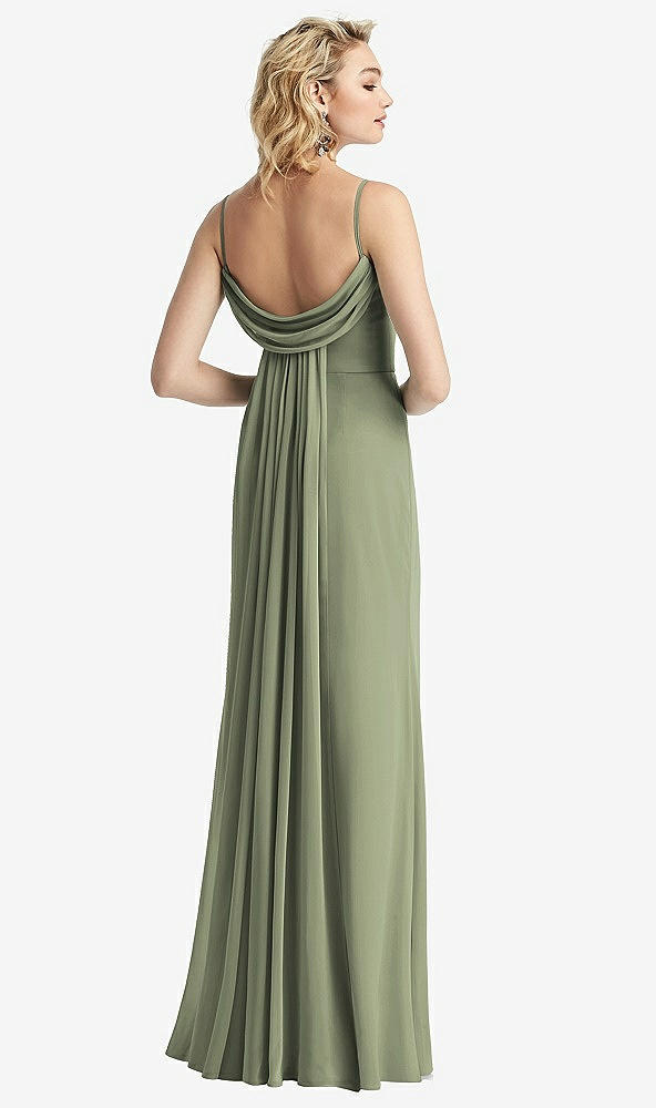 Front View - Sage Shirred Sash Cowl-Back Chiffon Trumpet Gown