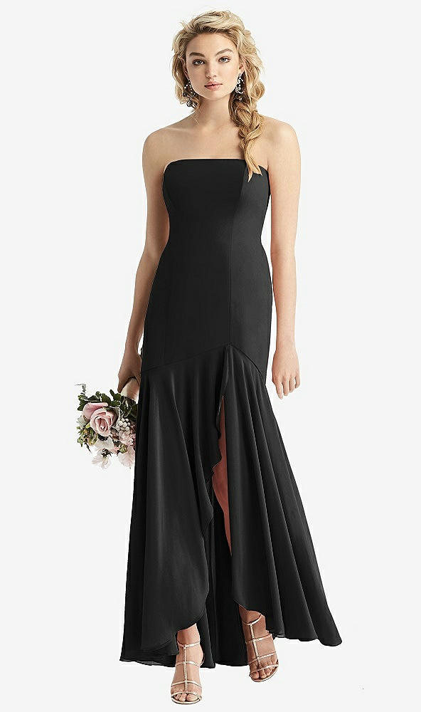 Front View - Black Strapless Sheer Crepe High-Low Dress