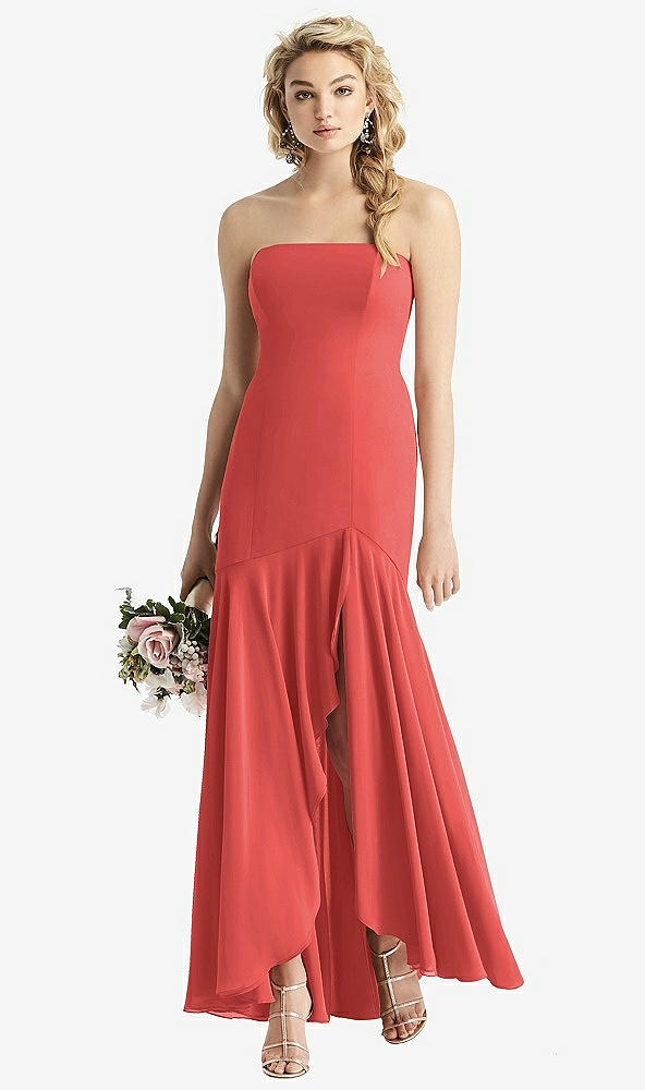 Front View - Perfect Coral Strapless Sheer Crepe High-Low Dress