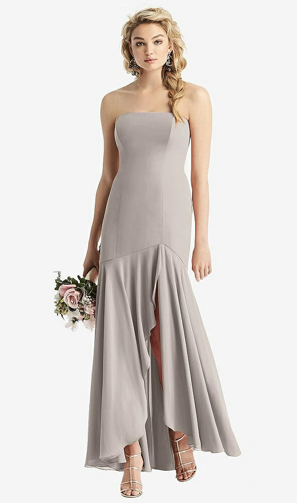 Front View - Taupe Strapless Sheer Crepe High-Low Dress