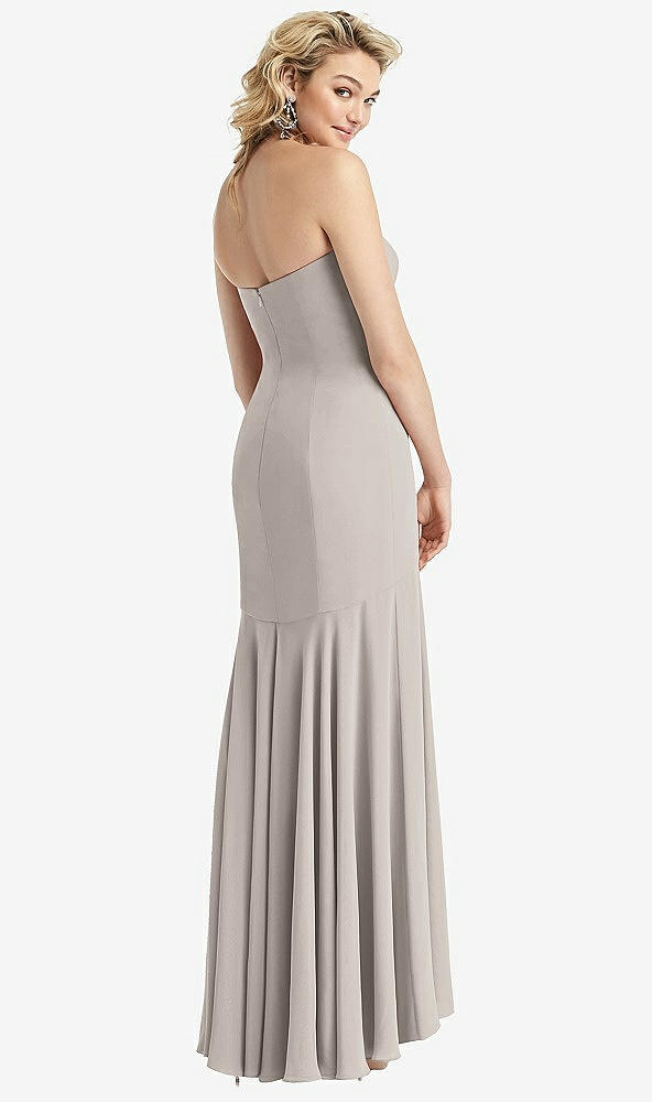 Back View - Taupe Strapless Sheer Crepe High-Low Dress