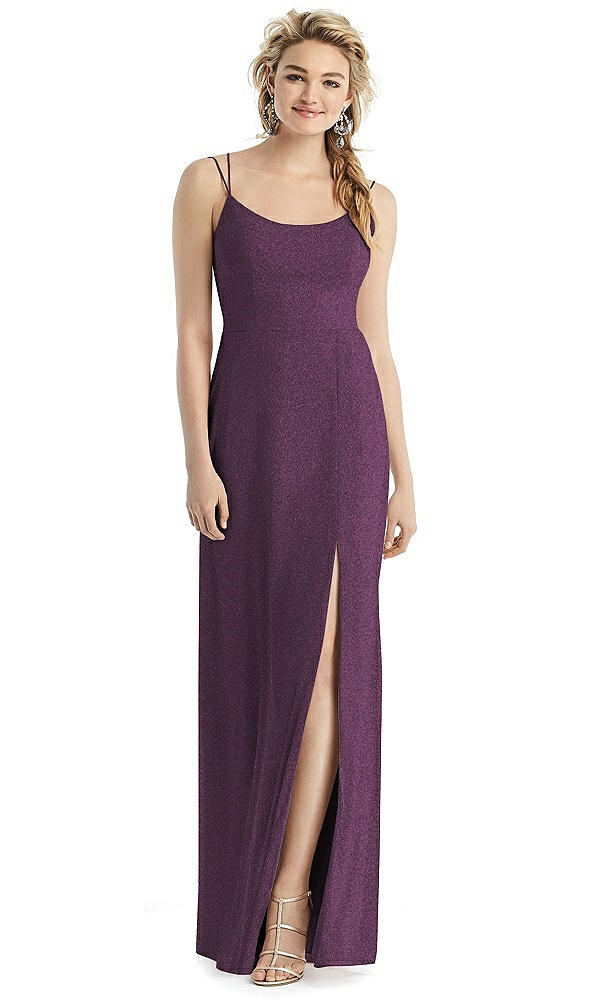 Front View - Aubergine Silver Shimmer Side Slit Cowl-Back Gown
