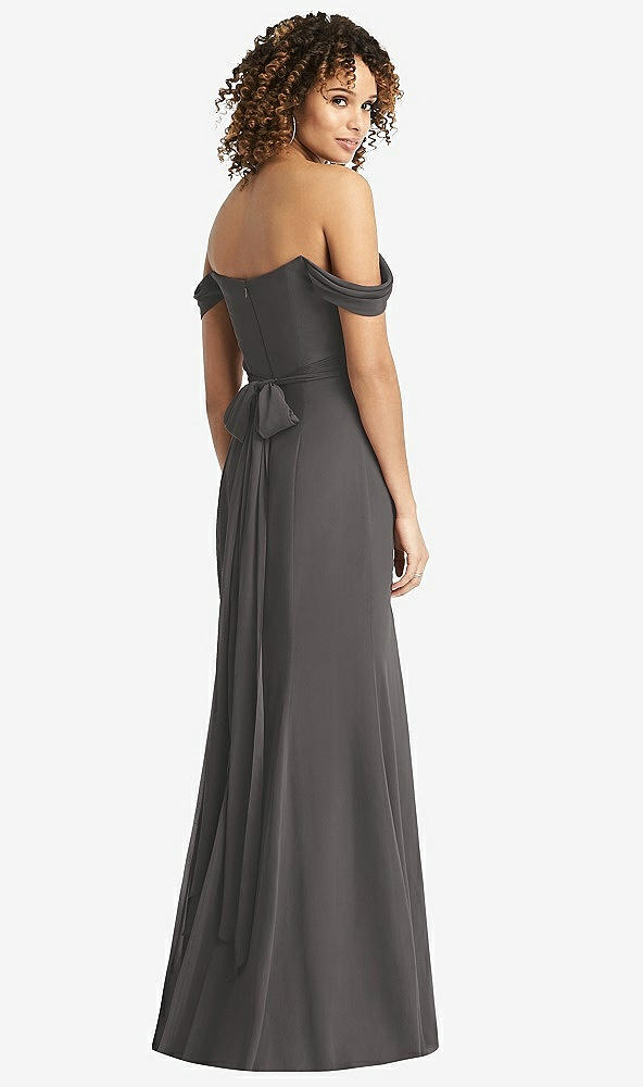 Back View - Caviar Gray Off-the-Shoulder Criss Cross Bodice Trumpet Gown