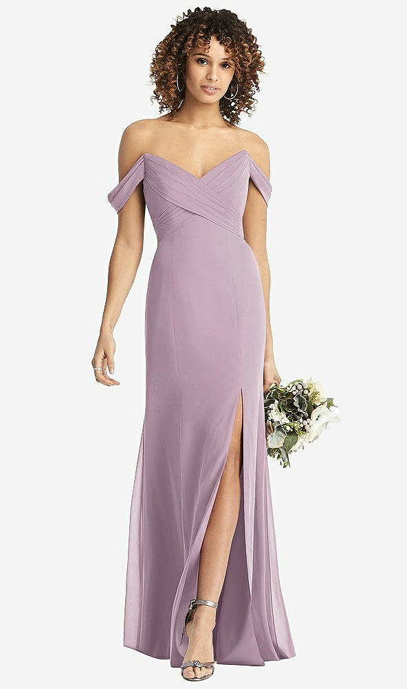 Front View - Suede Rose Off-the-Shoulder Criss Cross Bodice Trumpet Gown
