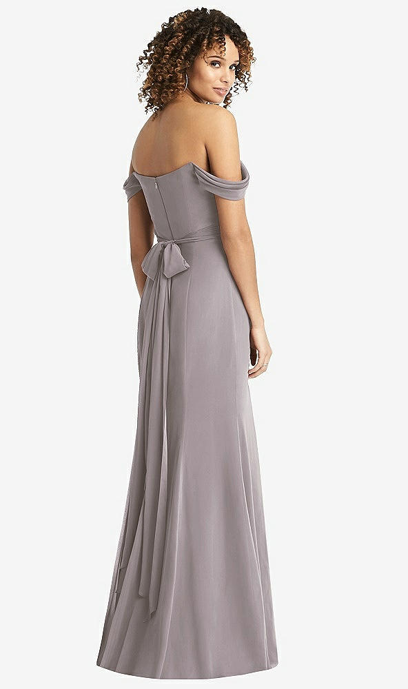 Back View - Cashmere Gray Off-the-Shoulder Criss Cross Bodice Trumpet Gown