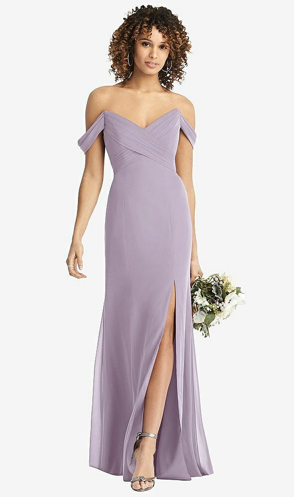 Front View - Lilac Haze Off-the-Shoulder Criss Cross Bodice Trumpet Gown
