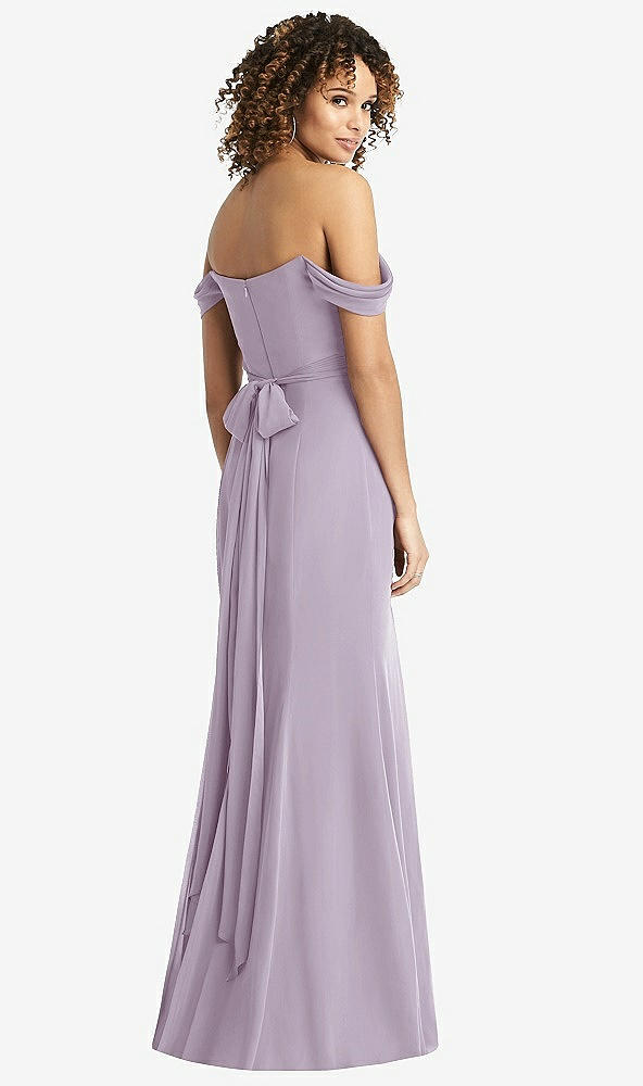 Back View - Lilac Haze Off-the-Shoulder Criss Cross Bodice Trumpet Gown