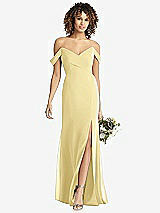 Front View Thumbnail - Pale Yellow Off-the-Shoulder Criss Cross Bodice Trumpet Gown