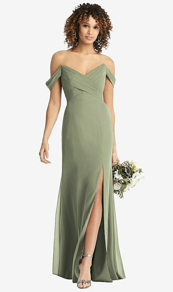 Front View - Sage Off-the-Shoulder Criss Cross Bodice Trumpet Gown