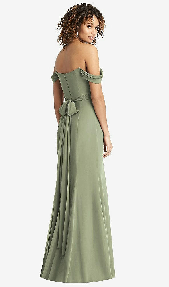 Back View - Sage Off-the-Shoulder Criss Cross Bodice Trumpet Gown