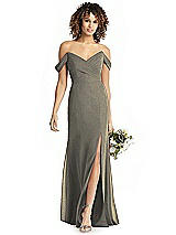 Rear View Thumbnail - Mocha Gold Shimmer Off-the-Shoulder Gown with Sash