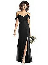 Rear View Thumbnail - Black Silver Shimmer Off-the-Shoulder Gown with Sash