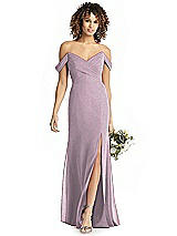 Rear View Thumbnail - Suede Rose Silver Shimmer Off-the-Shoulder Gown with Sash
