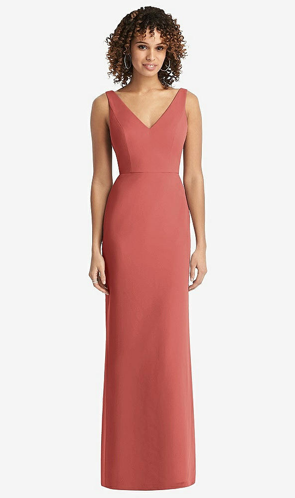Back View - Coral Pink Sleeveless Tie Back Chiffon Trumpet Gown