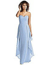 Front View Thumbnail - Cloudy Silver Shimmer Strapless Gown with Skirt Overlay