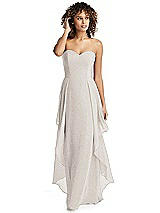 Front View Thumbnail - Taupe Silver Shimmer Strapless Gown with Skirt Overlay