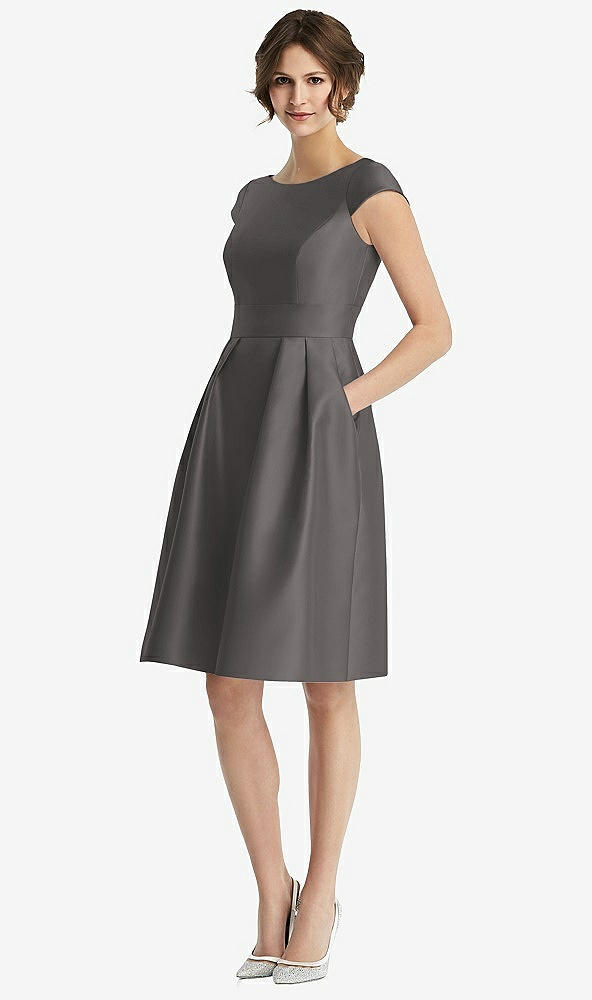 Front View - Caviar Gray Cap Sleeve Pleated Cocktail Dress with Pockets