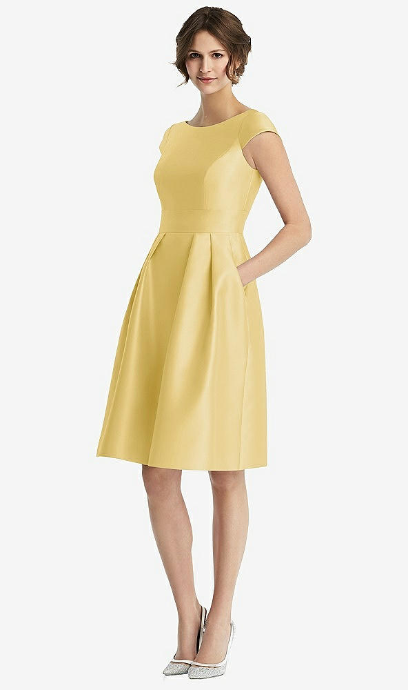Front View - Maize Cap Sleeve Pleated Cocktail Dress with Pockets