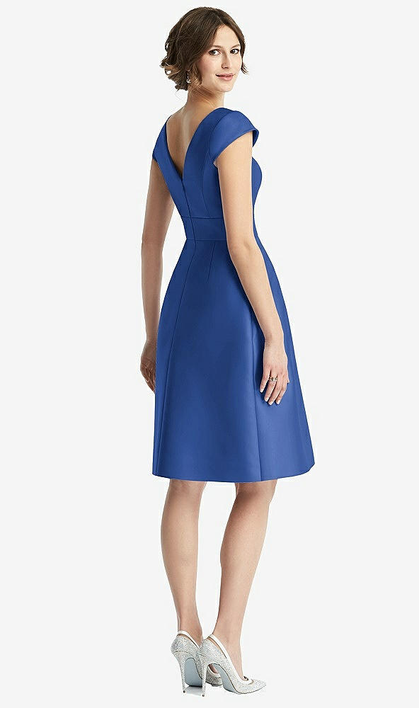 Back View - Classic Blue Cap Sleeve Pleated Cocktail Dress with Pockets