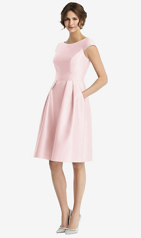 Front View - Ballet Pink Cap Sleeve Pleated Cocktail Dress with Pockets