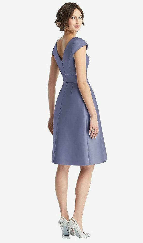Back View - French Blue Cap Sleeve Pleated Cocktail Dress with Pockets