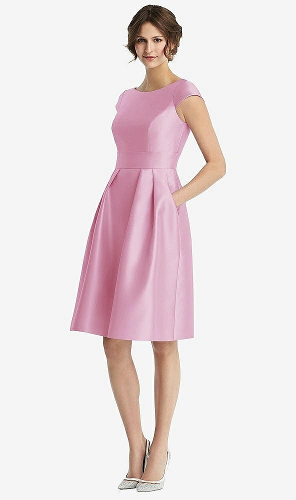 Front View - Powder Pink Cap Sleeve Pleated Cocktail Dress with Pockets
