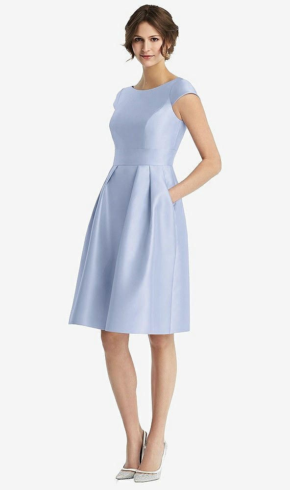 Front View - Sky Blue Cap Sleeve Pleated Cocktail Dress with Pockets