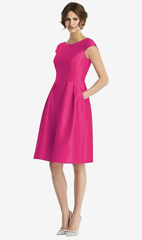 Front View - Think Pink Cap Sleeve Pleated Cocktail Dress with Pockets