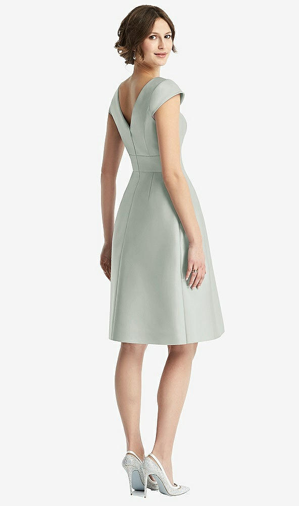 Back View - Willow Green Cap Sleeve Pleated Cocktail Dress with Pockets