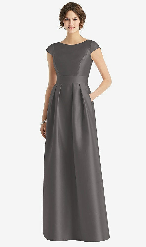 Front View - Caviar Gray Cap Sleeve Pleated Skirt Dress with Pockets