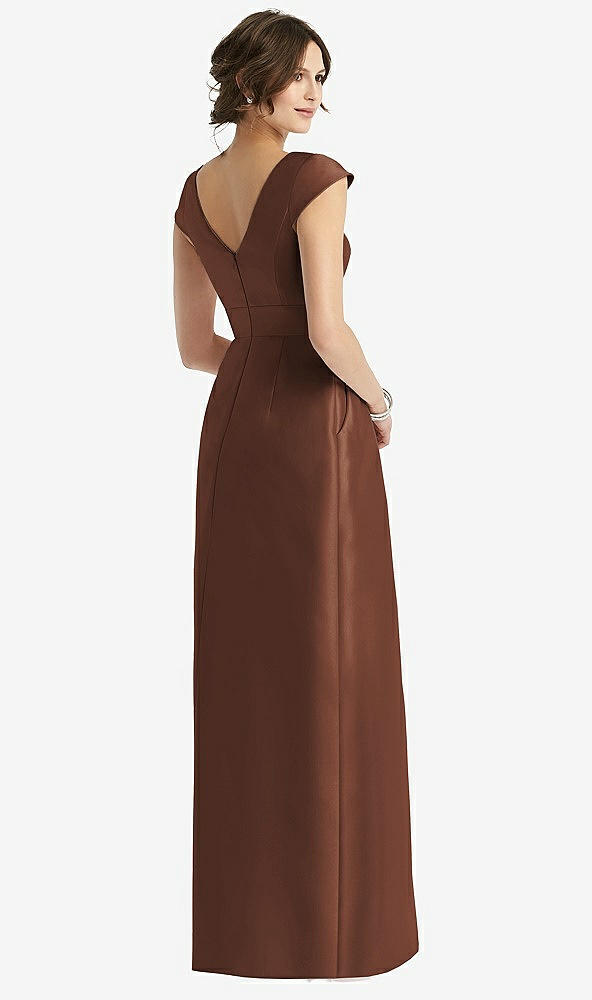 Back View - Cognac Cap Sleeve Pleated Skirt Dress with Pockets