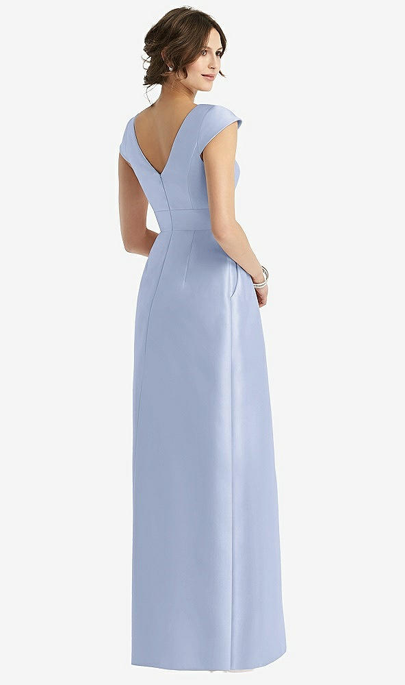 Back View - Sky Blue Cap Sleeve Pleated Skirt Dress with Pockets