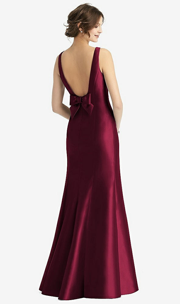 Back View - Cabernet Sleeveless Satin Trumpet Gown with Bow at Open-Back