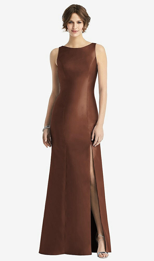 Front View - Cognac Sleeveless Satin Trumpet Gown with Bow at Open-Back