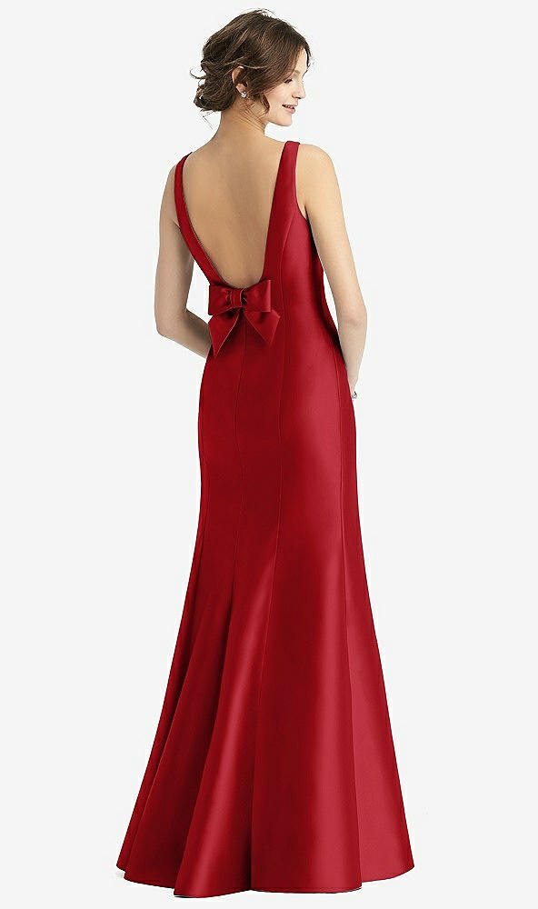 Back View - Garnet Sleeveless Satin Trumpet Gown with Bow at Open-Back