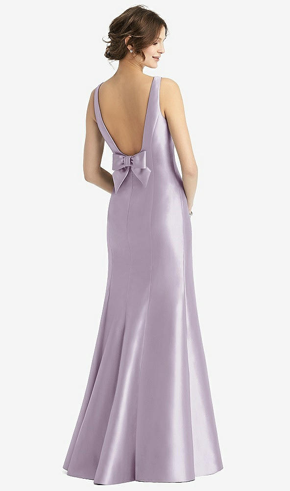 Back View - Lilac Haze Sleeveless Satin Trumpet Gown with Bow at Open-Back