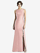 Front View Thumbnail - Rose - PANTONE Rose Quartz Sleeveless Satin Trumpet Gown with Bow at Open-Back