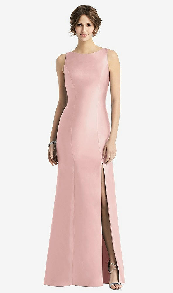 Front View - Rose - PANTONE Rose Quartz Sleeveless Satin Trumpet Gown with Bow at Open-Back