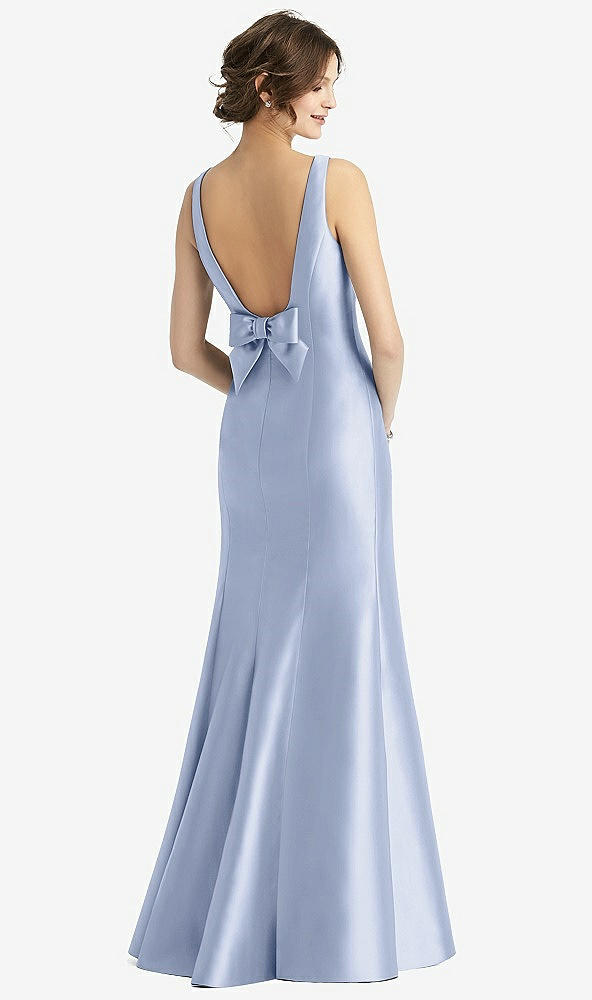 Back View - Sky Blue Sleeveless Satin Trumpet Gown with Bow at Open-Back