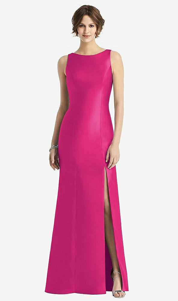 Front View - Think Pink Sleeveless Satin Trumpet Gown with Bow at Open-Back