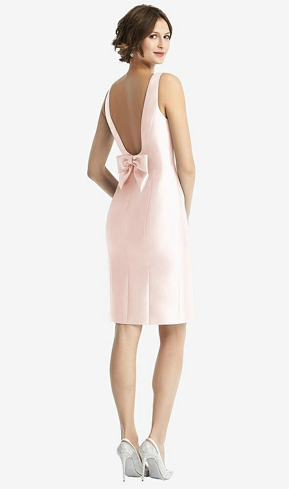 Front View - Blush Bow Open-Back Satin Cocktail Dress with Front Slit