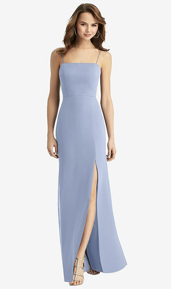 Back View - Sky Blue Tie-Back Cutout Trumpet Gown with Front Slit