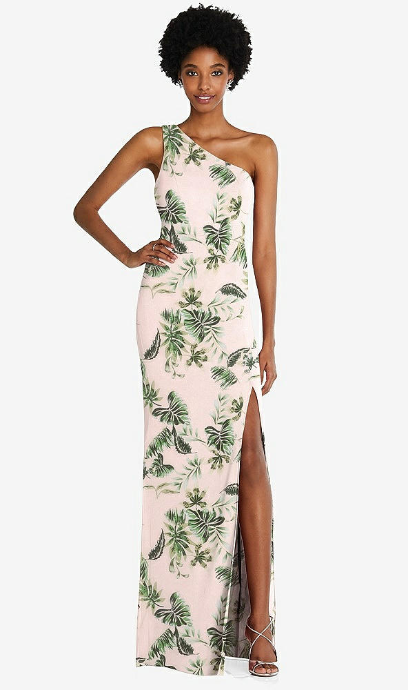 Front View - Palm Beach Print One-Shoulder Chiffon Trumpet Gown