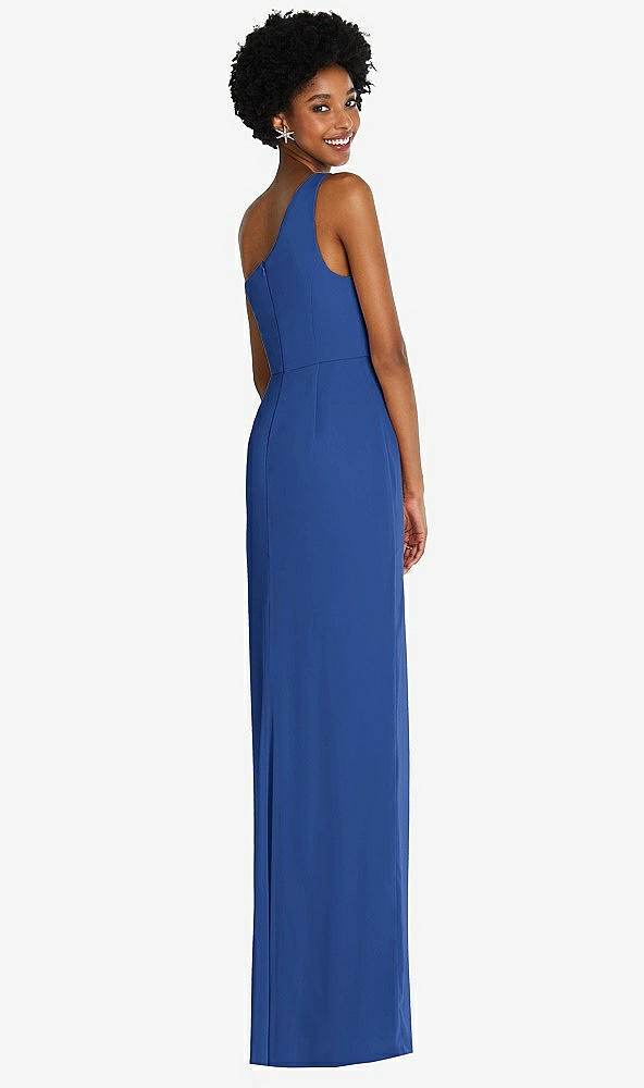 Back View - Classic Blue One-Shoulder Chiffon Trumpet Gown