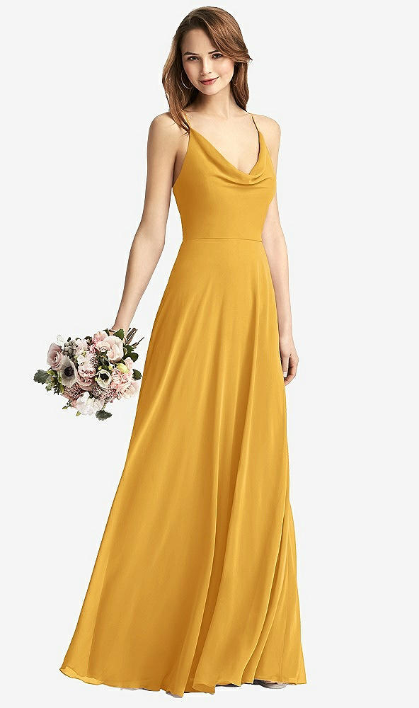 Front View - NYC Yellow Cowl Neck Criss Cross Back Maxi Dress