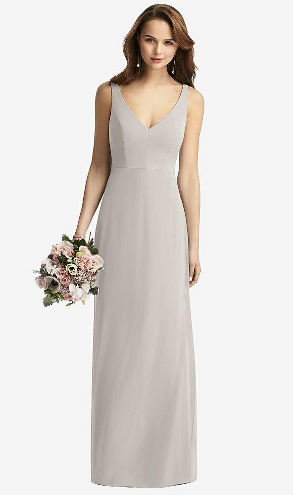 Front View - Oyster Sleeveless V-Back Long Trumpet Gown
