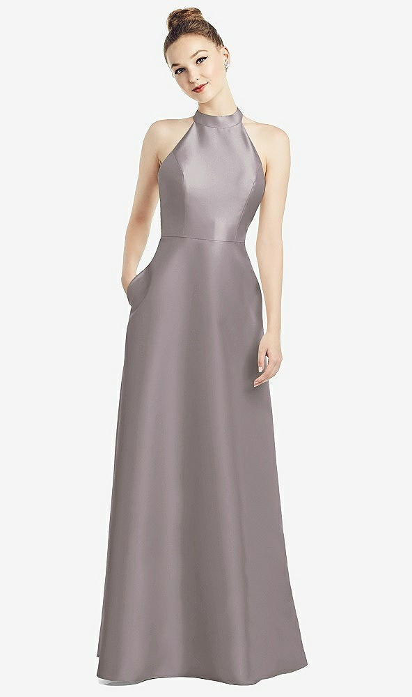 Back View - Cashmere Gray High-Neck Cutout Satin Dress with Pockets