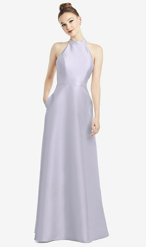 Back View - Silver Dove High-Neck Cutout Satin Dress with Pockets