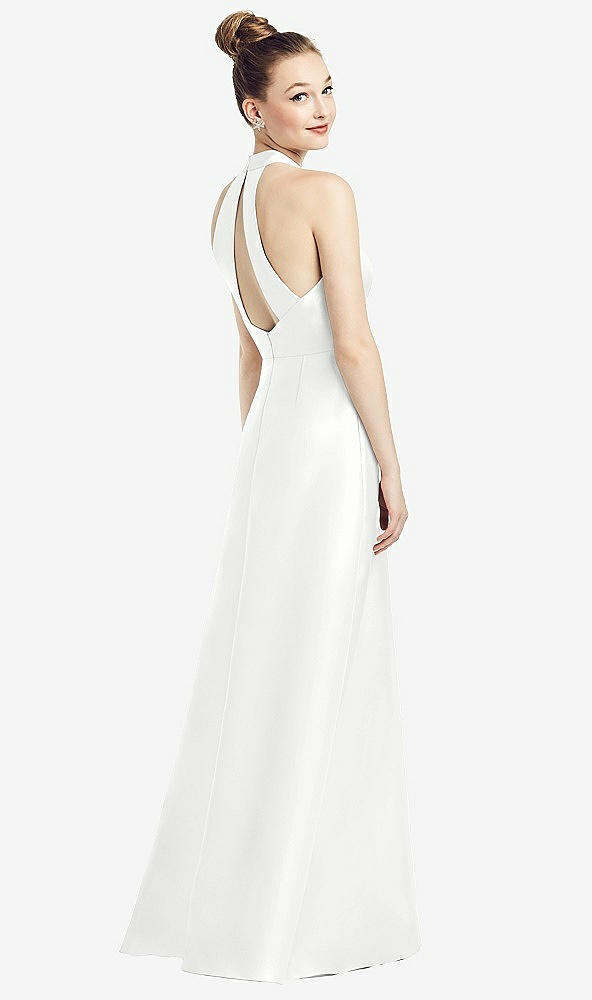 Front View - White High-Neck Cutout Satin Dress with Pockets